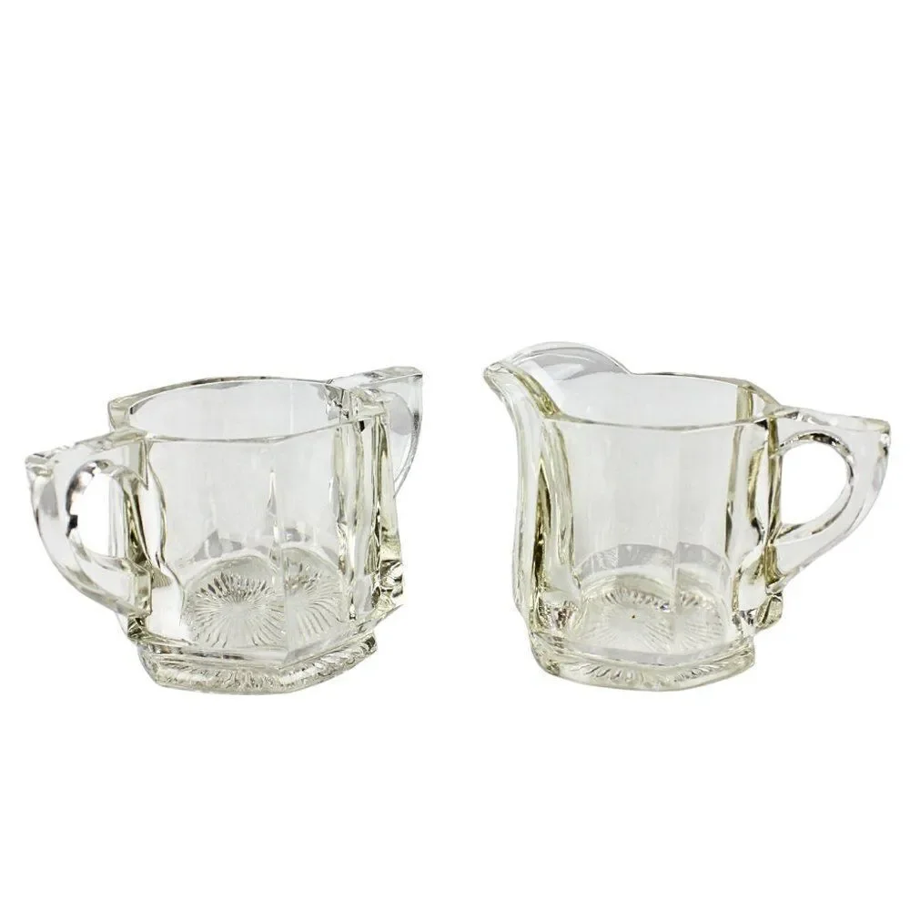 Vintage Sugar & Creamer Pressed Glass Thick Heavy Mid Century Starburst Pattern